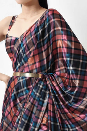 Multicolor Checked Digital Printed With Lace Border Pallu Chinon Ready To Wear Saree