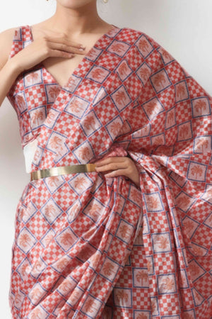 Peach Digital Printed With Lace Border Pallu Chinon Ready To Wear Saree