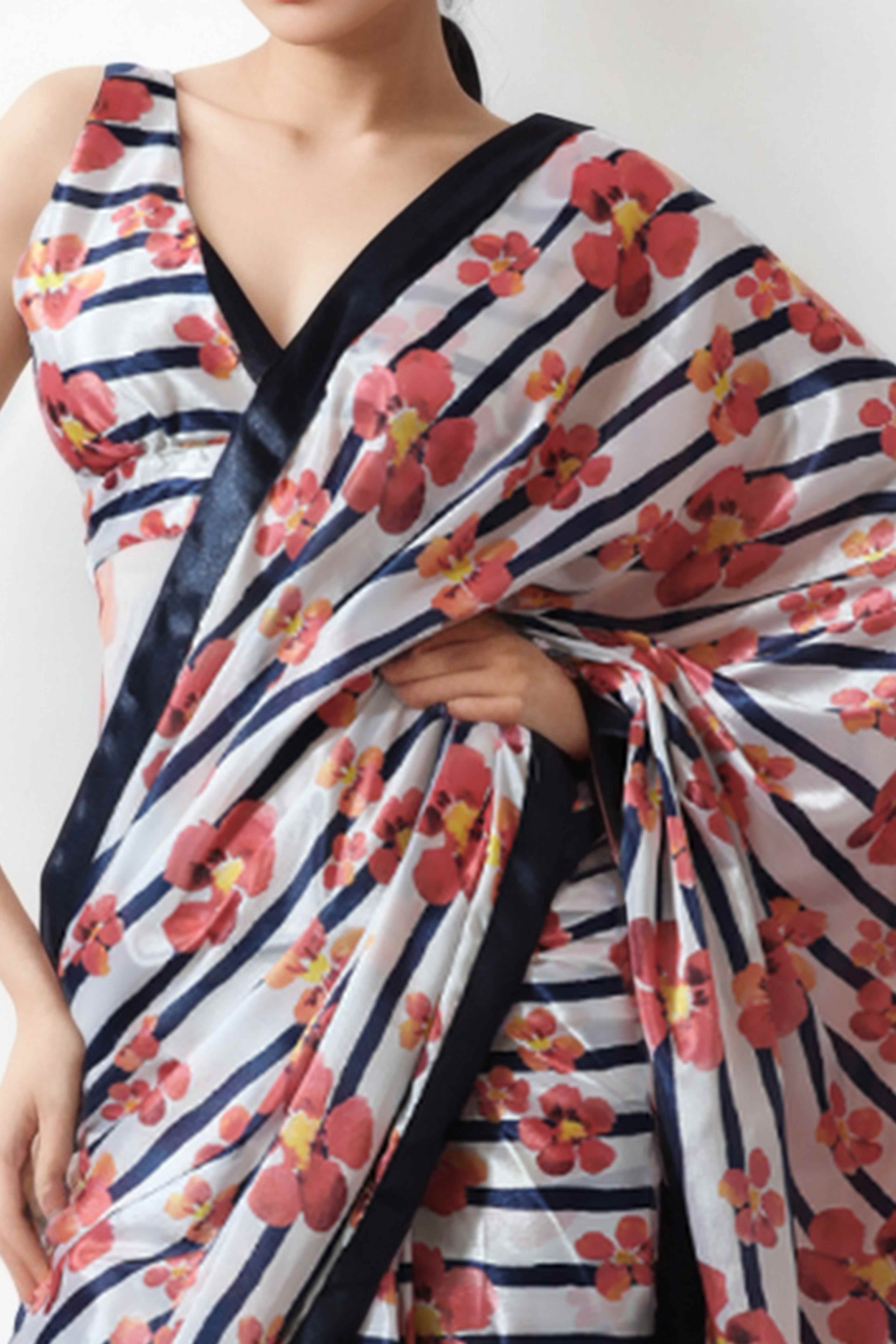 White & Blue Floral Digital Printed With Lace Border Pallu Chinon Ready To Wear Saree