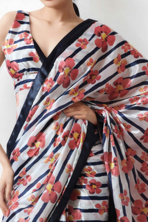 White & Blue Floral Digital Printed With Lace Border Pallu Chinon Ready To Wear Saree