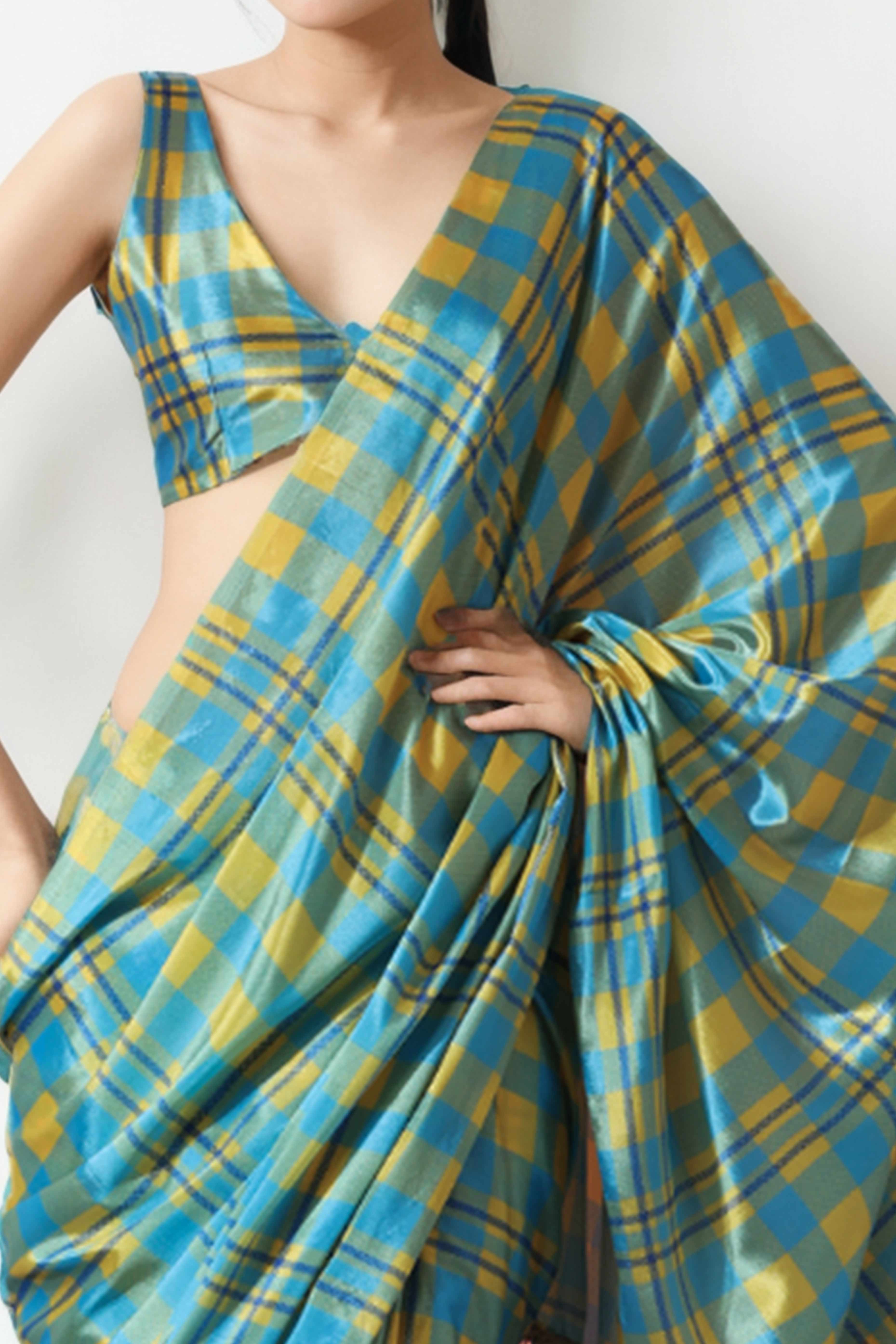 Blue Checks Digital Printed With Delicate Lace Border Pallu Chinon Ready To Wear Saree