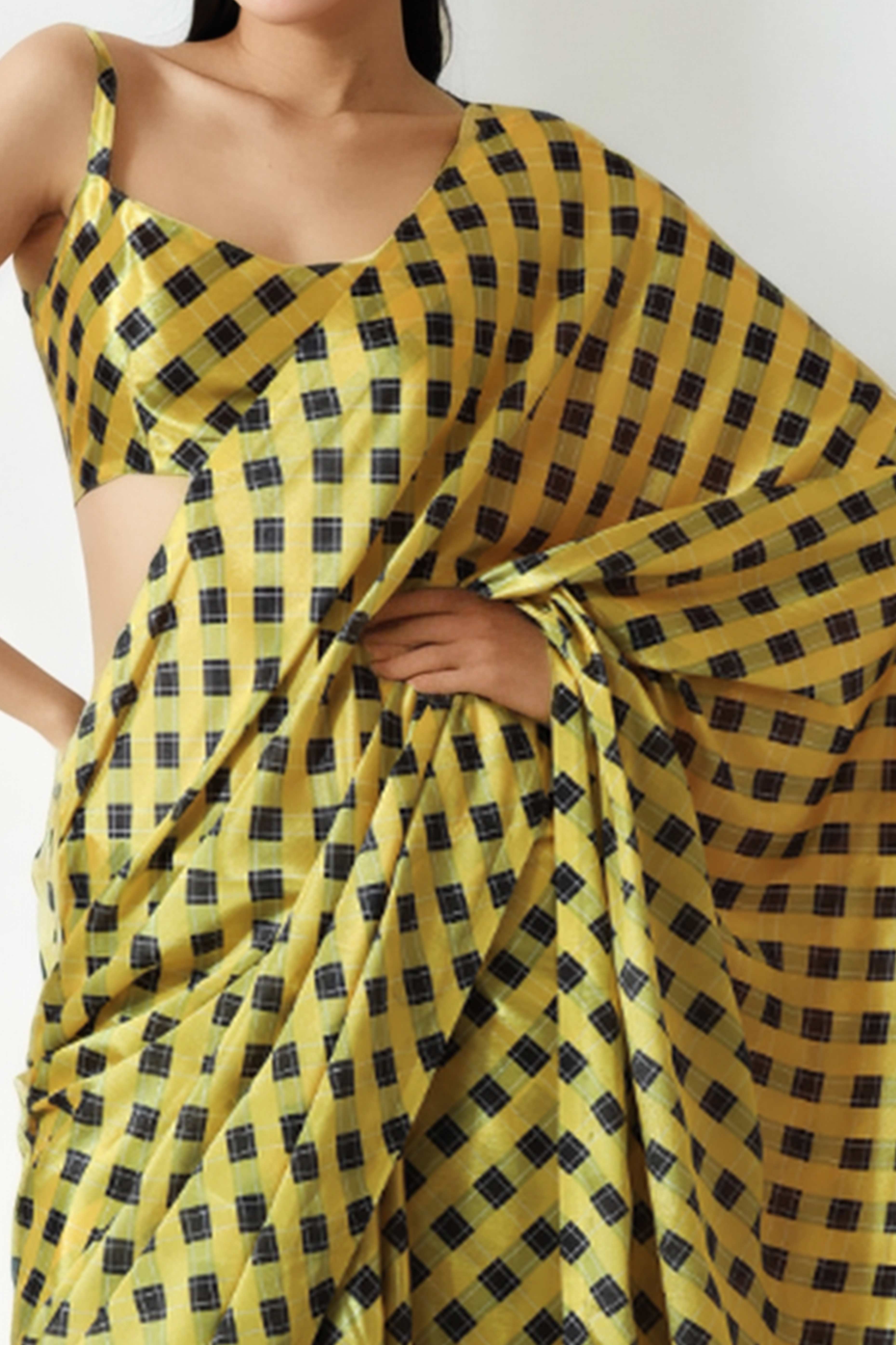 Yellow Checks Digital Printed With Intricate Lace Border Pallu Chinon Ready To Wear Saree