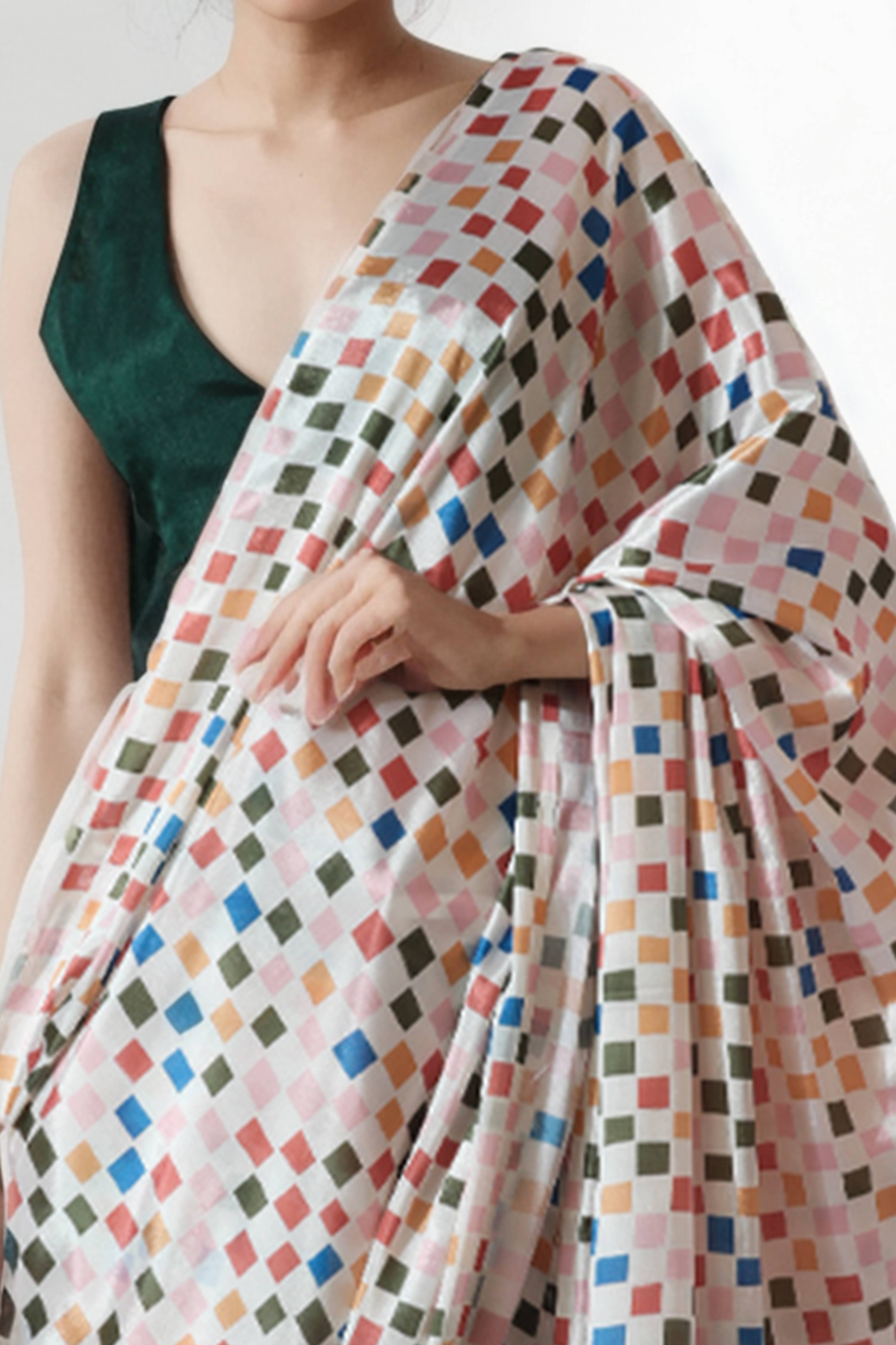 Multicolor Digital Printed With Delicate Lace Border Pallu Chinon Ready To Wear Saree