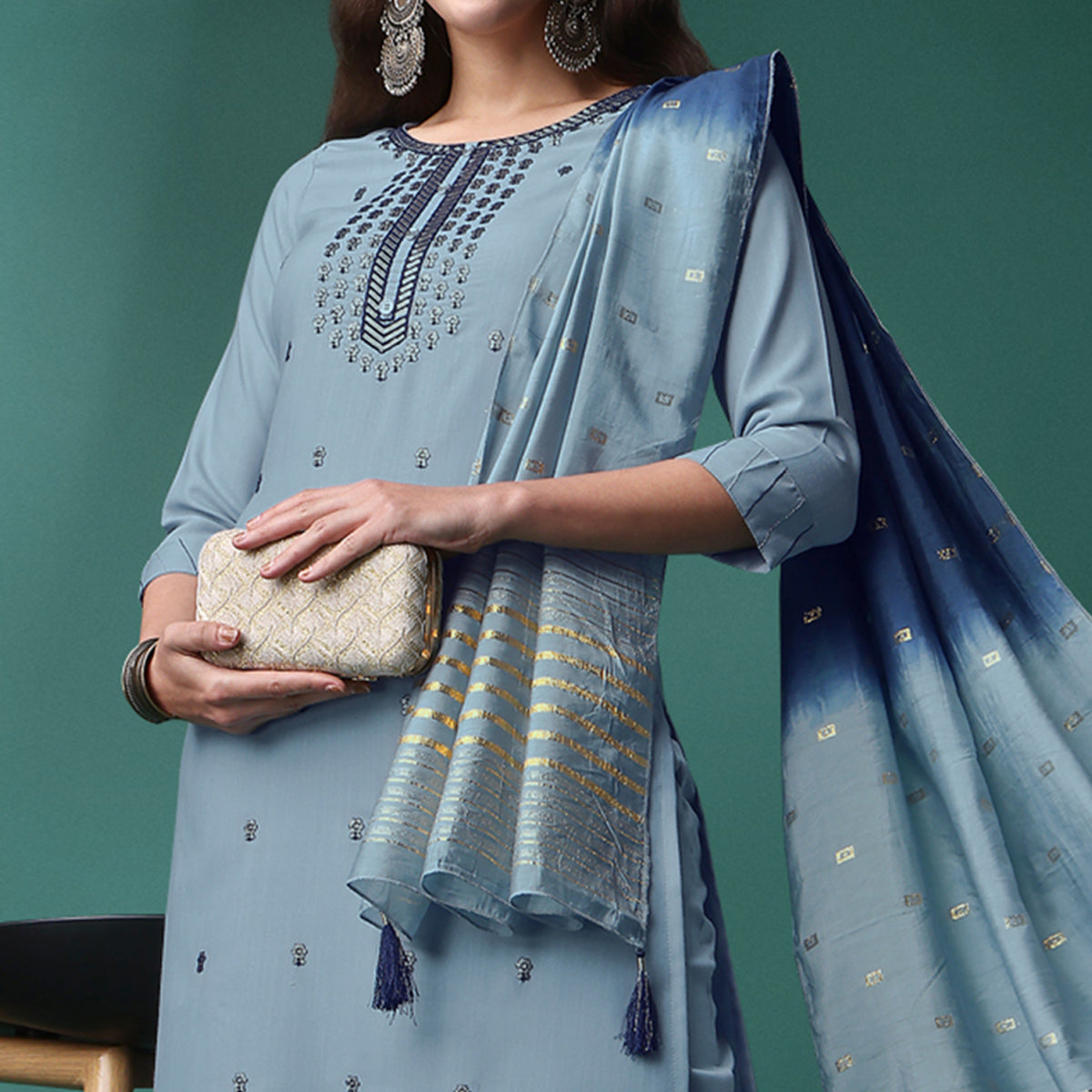 Grey Embroidered Rayon Kurti Sets