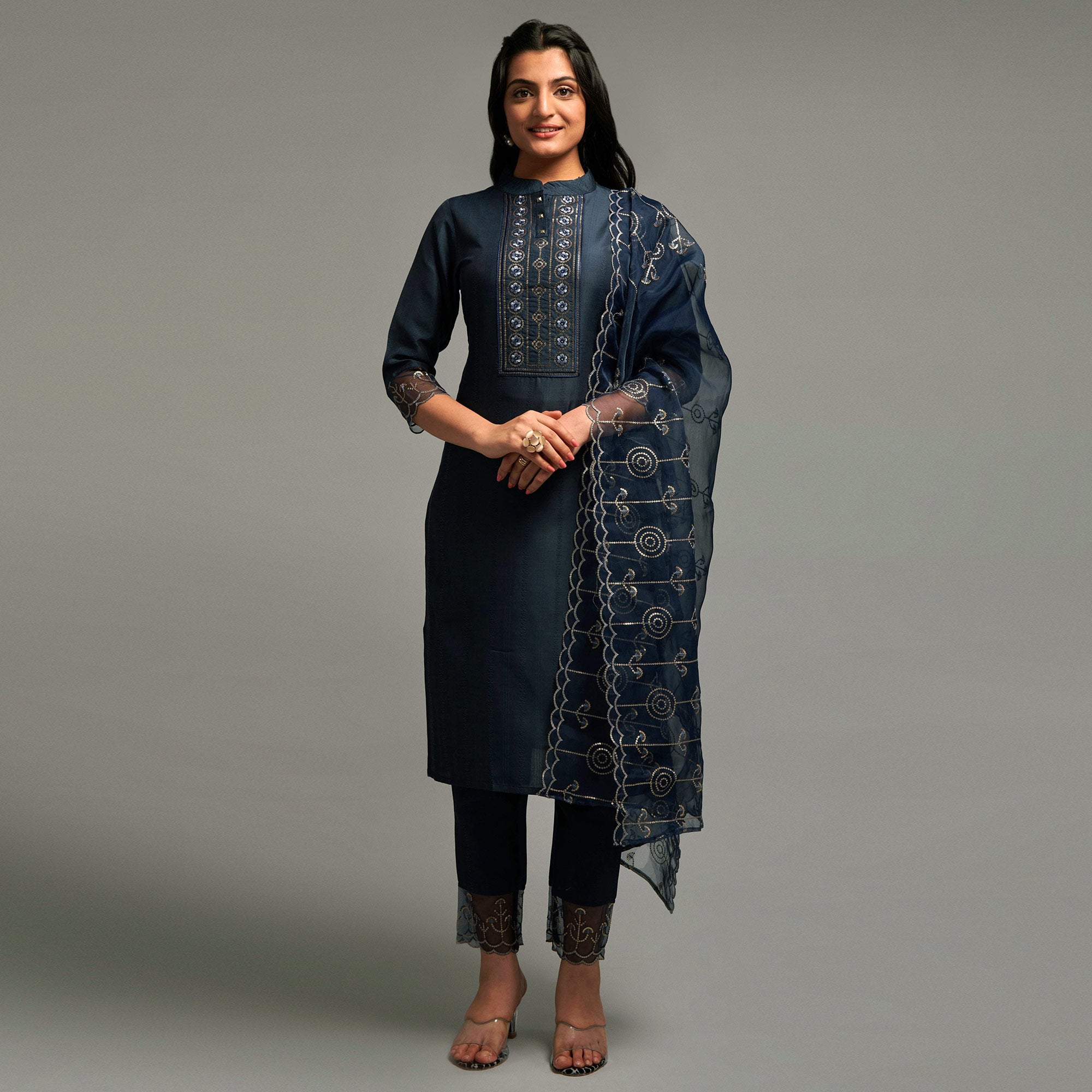 Blue Embroidered Chinon Kurti Sets