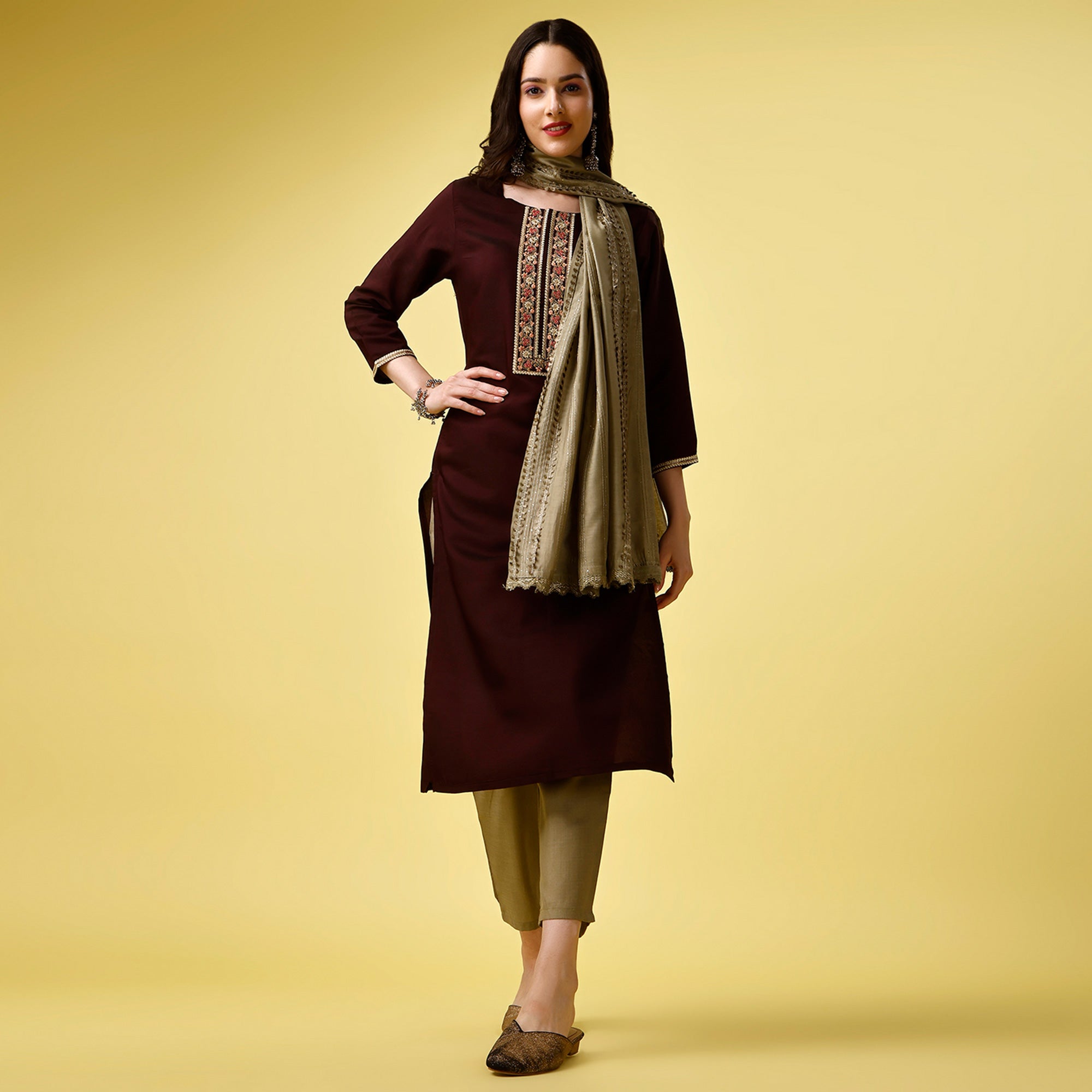 Maroon Embroidered Art Silk Kurti Sets