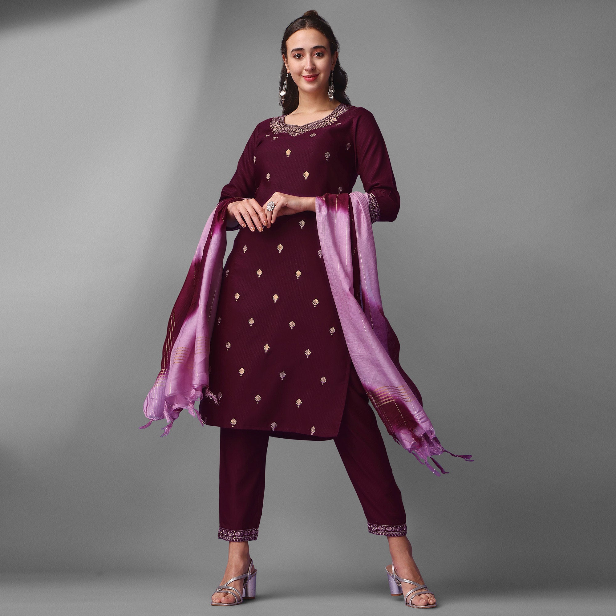 Wine Embroidered Rayon Kurti Sets