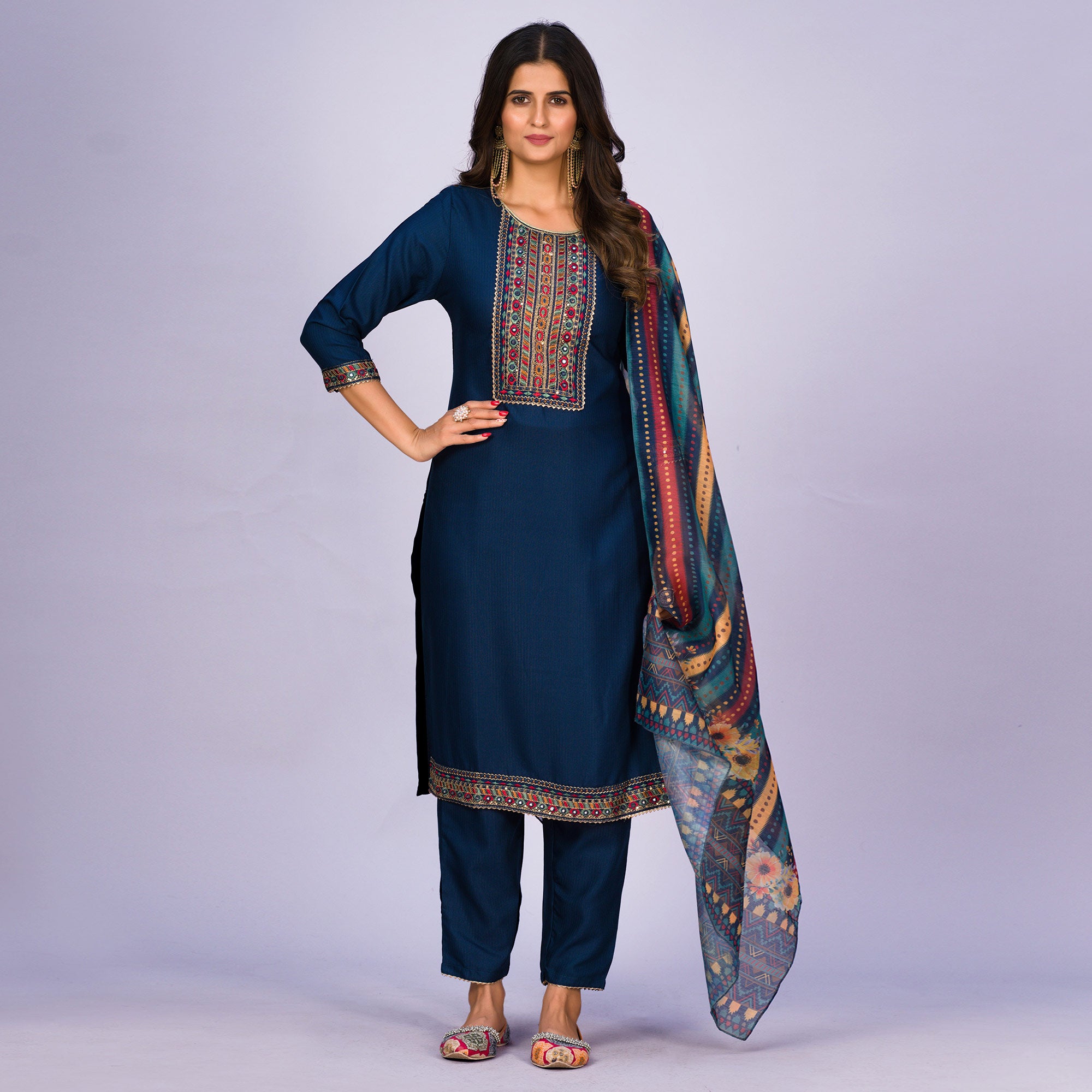 Teal Blue Embroidered Rayon Kurti Sets