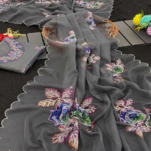Festive Grey Floral Printed Tabby Organza Saree with Elegant Handwork Embroidery