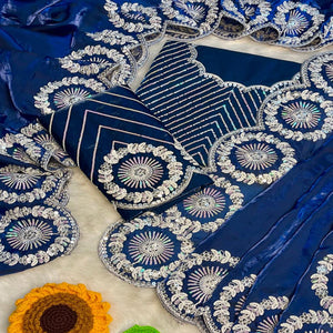 Designer Blue Fandy Satin Saree Featuring Intricate Sequins Embroidery for Elegant Styling