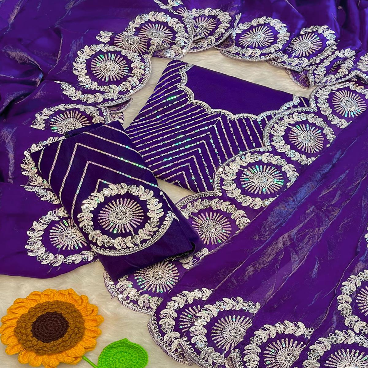 Designer Violet Fandy Satin Saree Featuring Intricate Sequins Embroidery for Elegant Styling