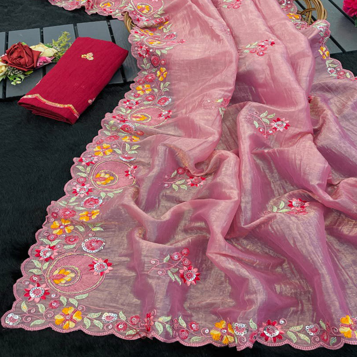 Premium Pink Crush Satin Saree with Beautiful Floral Embroidery