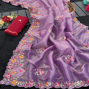 Premium Purple Crush Satin Saree with Beautiful Floral Embroidery