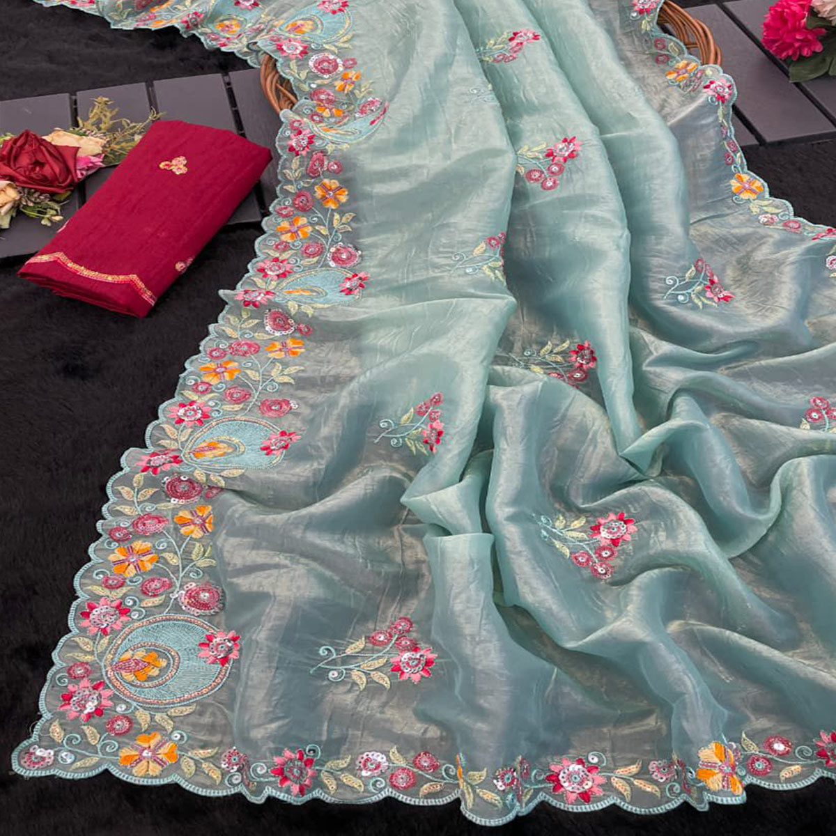 Premium Sea Green Crush Satin Saree with Beautiful Floral Embroidery