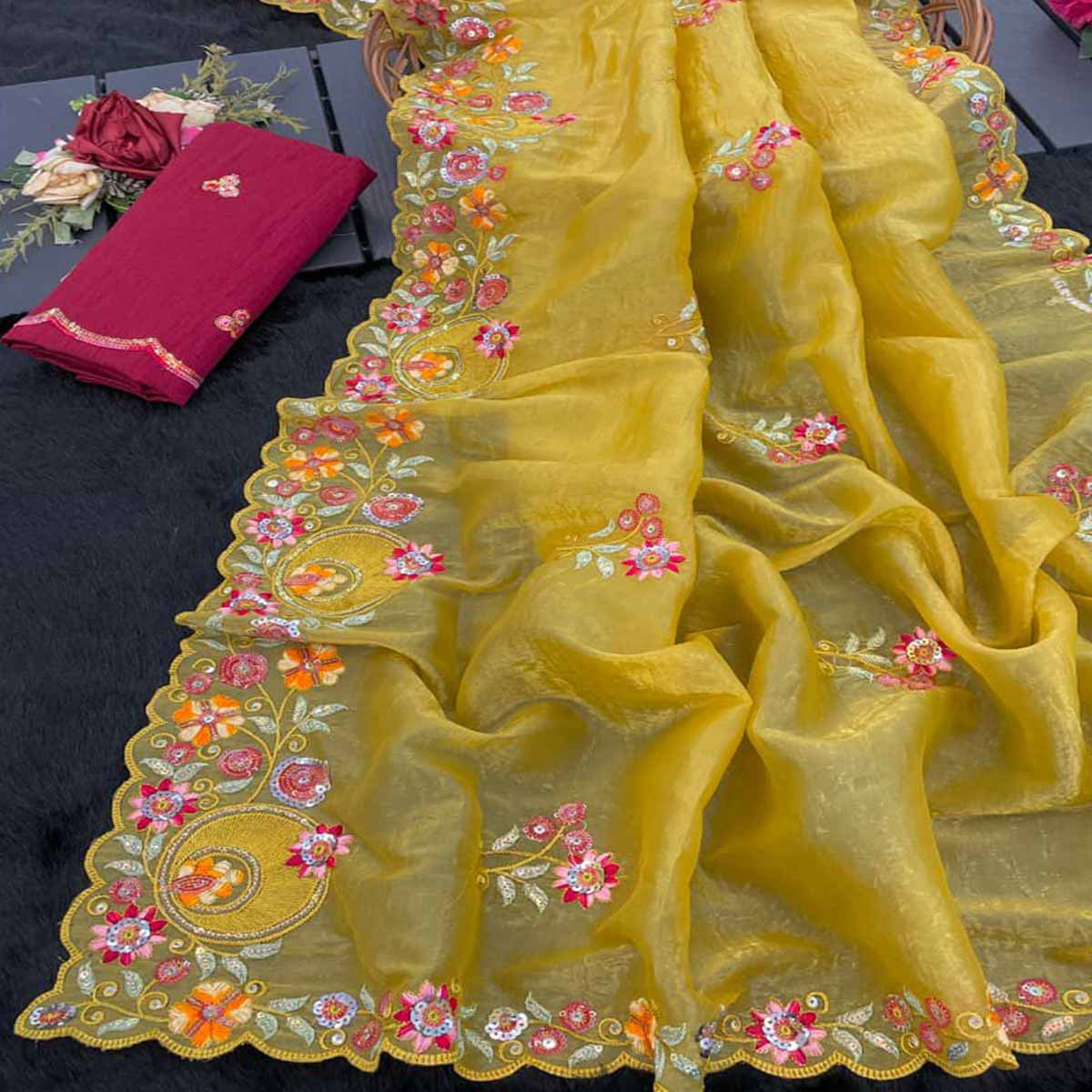 Premium Yellow Crush Satin Saree with Beautiful Floral Embroidery