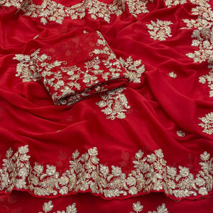 Red Silk Blend Saree Elegantly Embellished With Embroidery And Sparkling Sequins Work