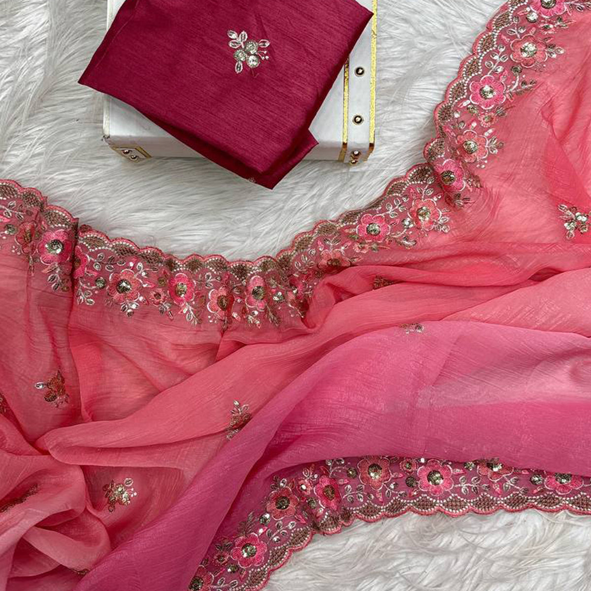 Radiant Pink Crunchy Ombre Saree Adorned with Floral Thread Embroidery & Sequins Work