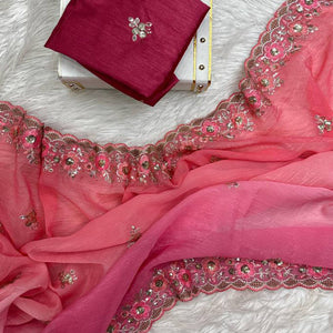 Radiant Pink Crunchy Ombre Saree Adorned with Floral Thread Embroidery & Sequins Work