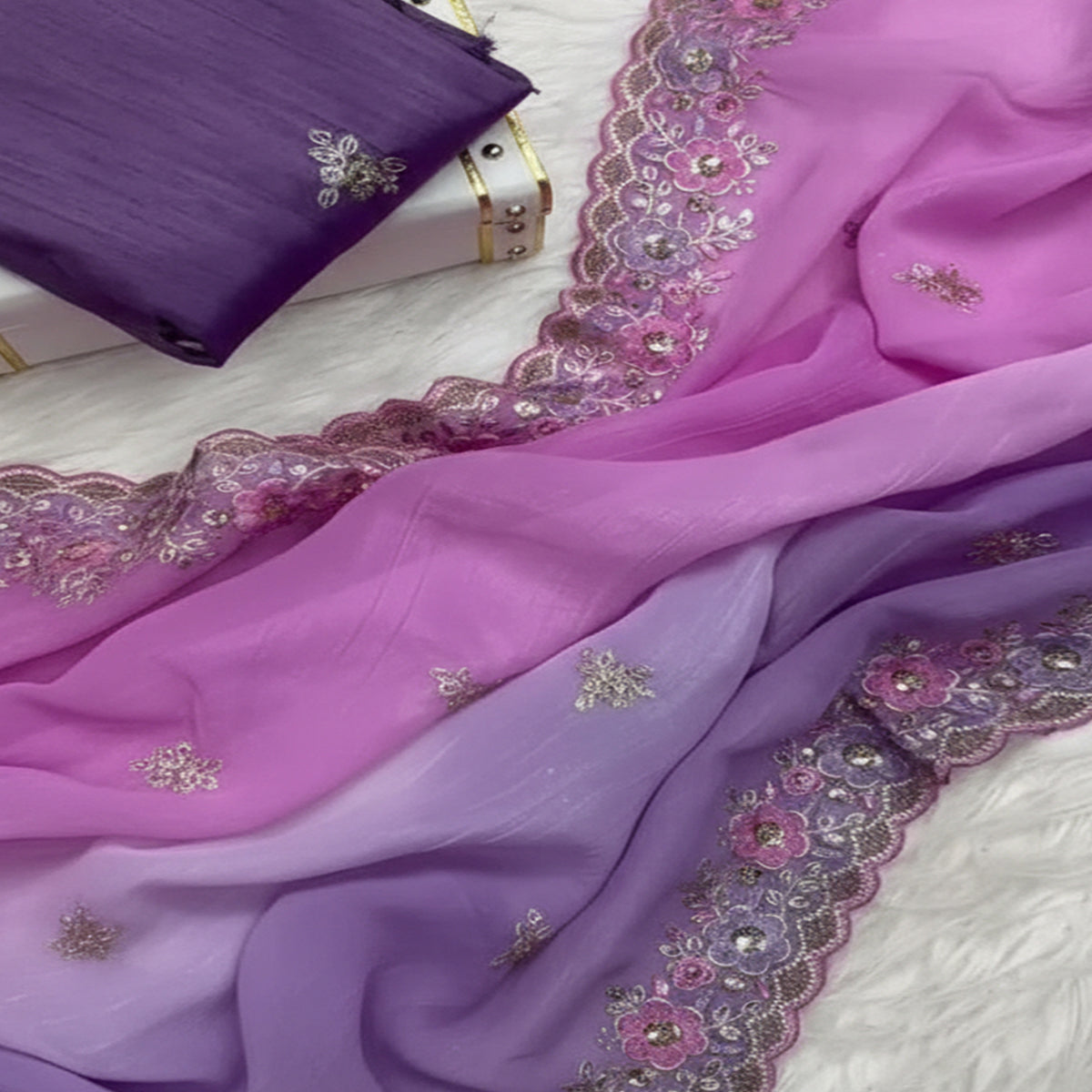 Radiant Purple Crunchy Ombre Saree Adorned with Floral Thread Embroidery & Sequins Work