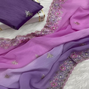 Radiant Purple Crunchy Ombre Saree Adorned with Floral Thread Embroidery & Sequins Work