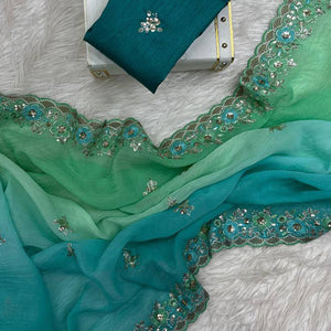 Radiant Teal Green Crunchy Ombre Saree Adorned with Floral Thread Embroidery & Sequins Work