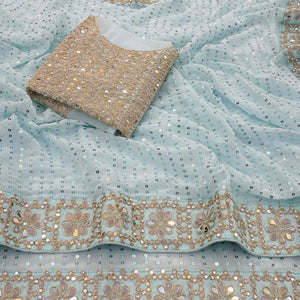Sky Blue Faux Georgette Saree Adorned with Sequins Work and Elegant Embellishments