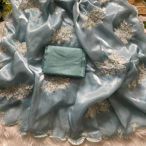 Captivating Sky Blue Floral Thread Embroidered Jimmy Choo Satin Saree With Gleaming Sequins Work