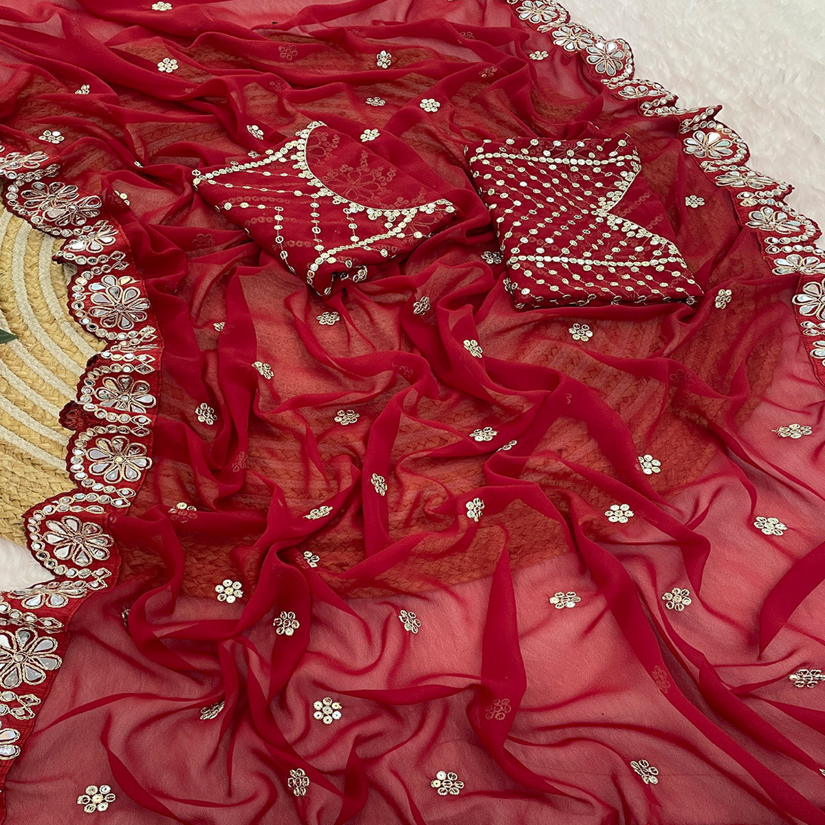 Red Sequins Embellished Georgette Saree with Glamorous Party-Wear Finish