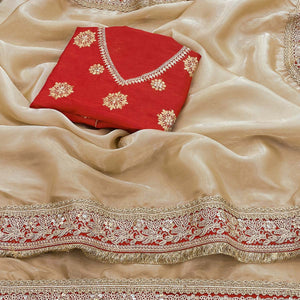 Cream Fancy Satin Solid Saree Accentuated With Elegant Lace Work