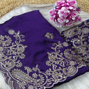 Violet Silk-Blend Saree Featuring Delicate Embroidery and Shimmering Sequins Work