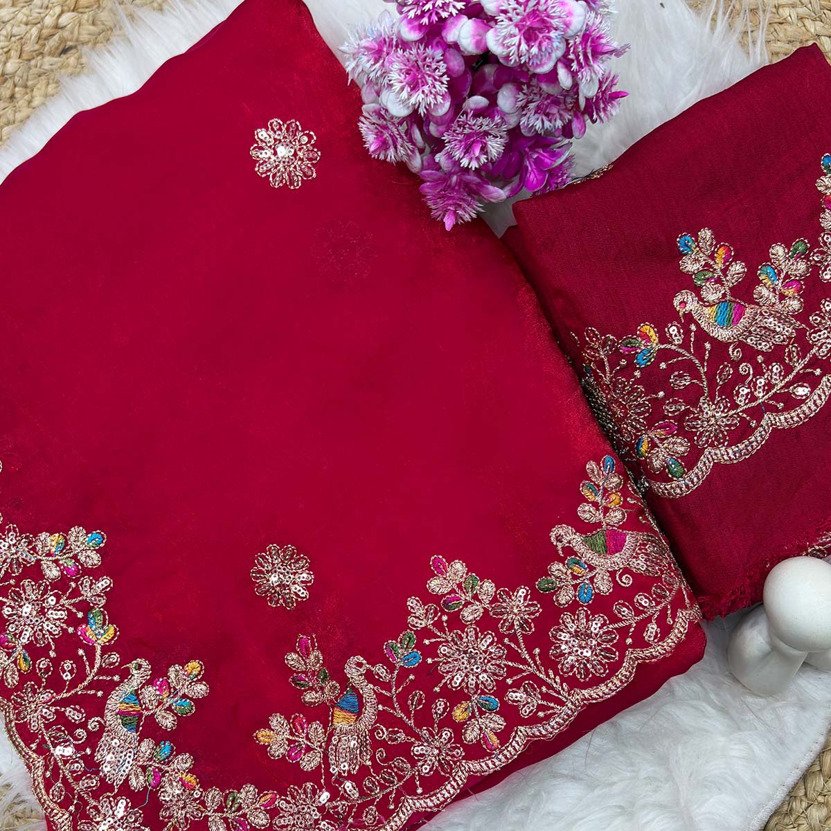 Pink Organza Satin Silk Saree Beautifully Detailed with Elegant Floral Embroidery