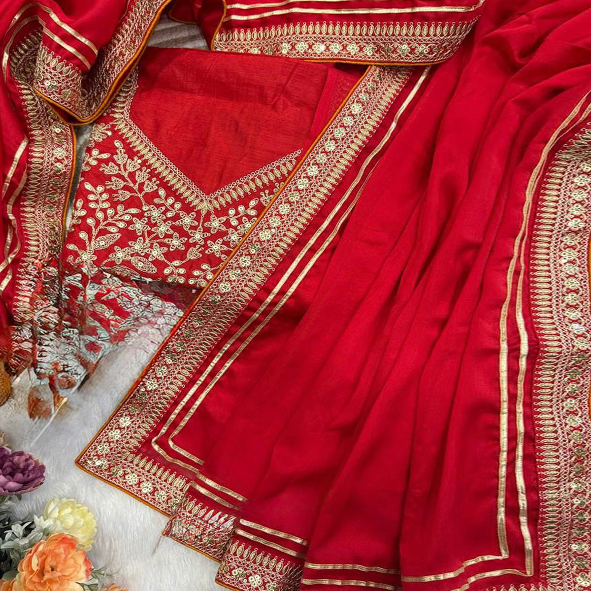 Red Festive Silk Blend Saree Highlighted with Silver Thread Work and Shimmering Sequins
