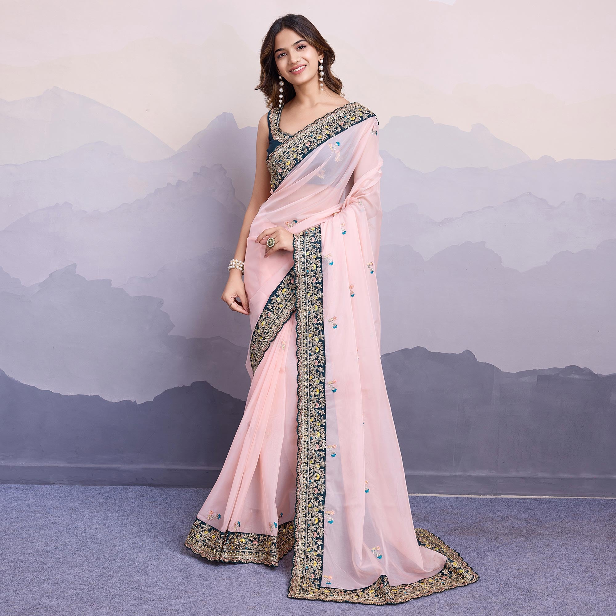 Light Peach Floral Sequins Embroidered Organza Saree With Lace Border