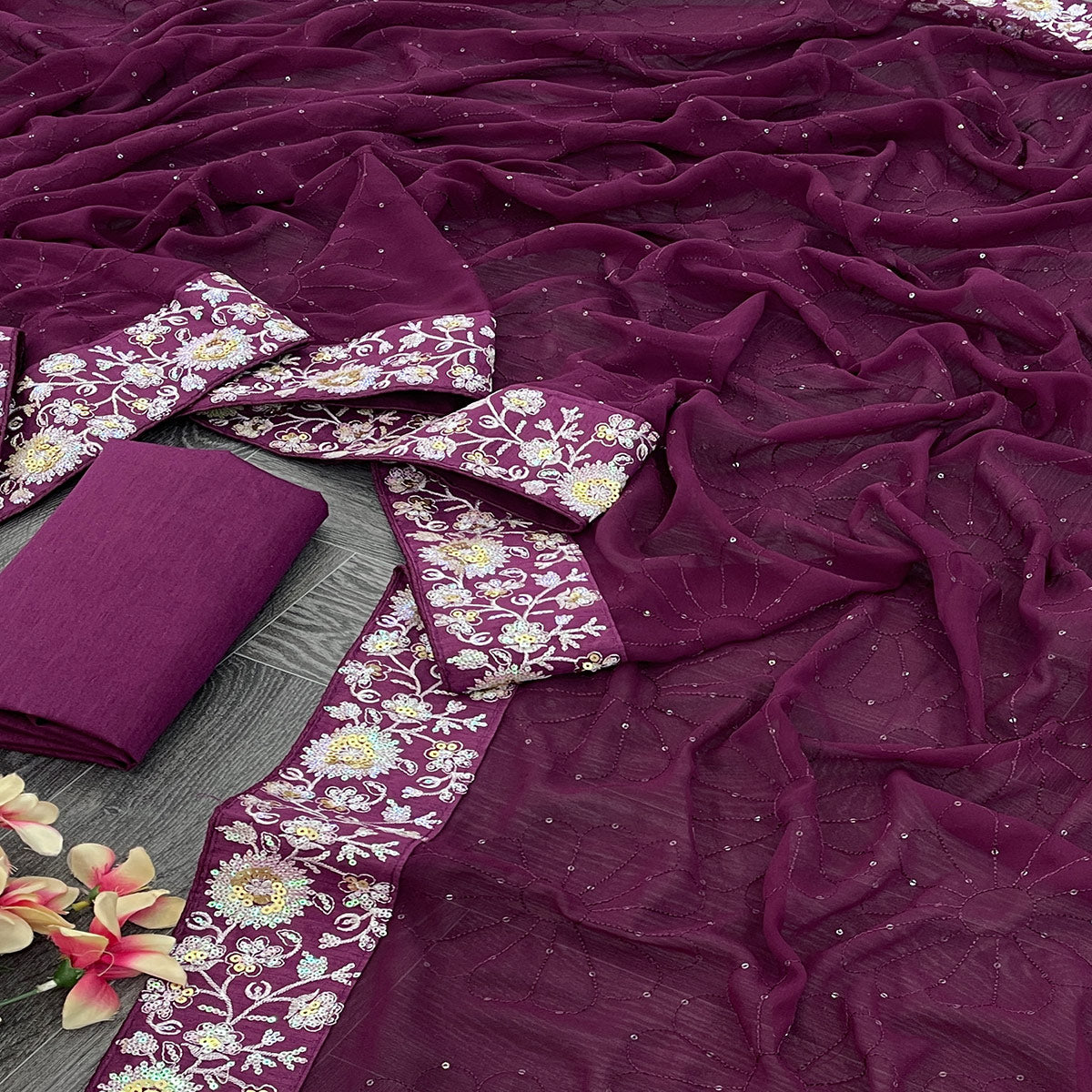 Wine Designer Saree In Georgette With Delicate Floral Sequins Embroidery Work