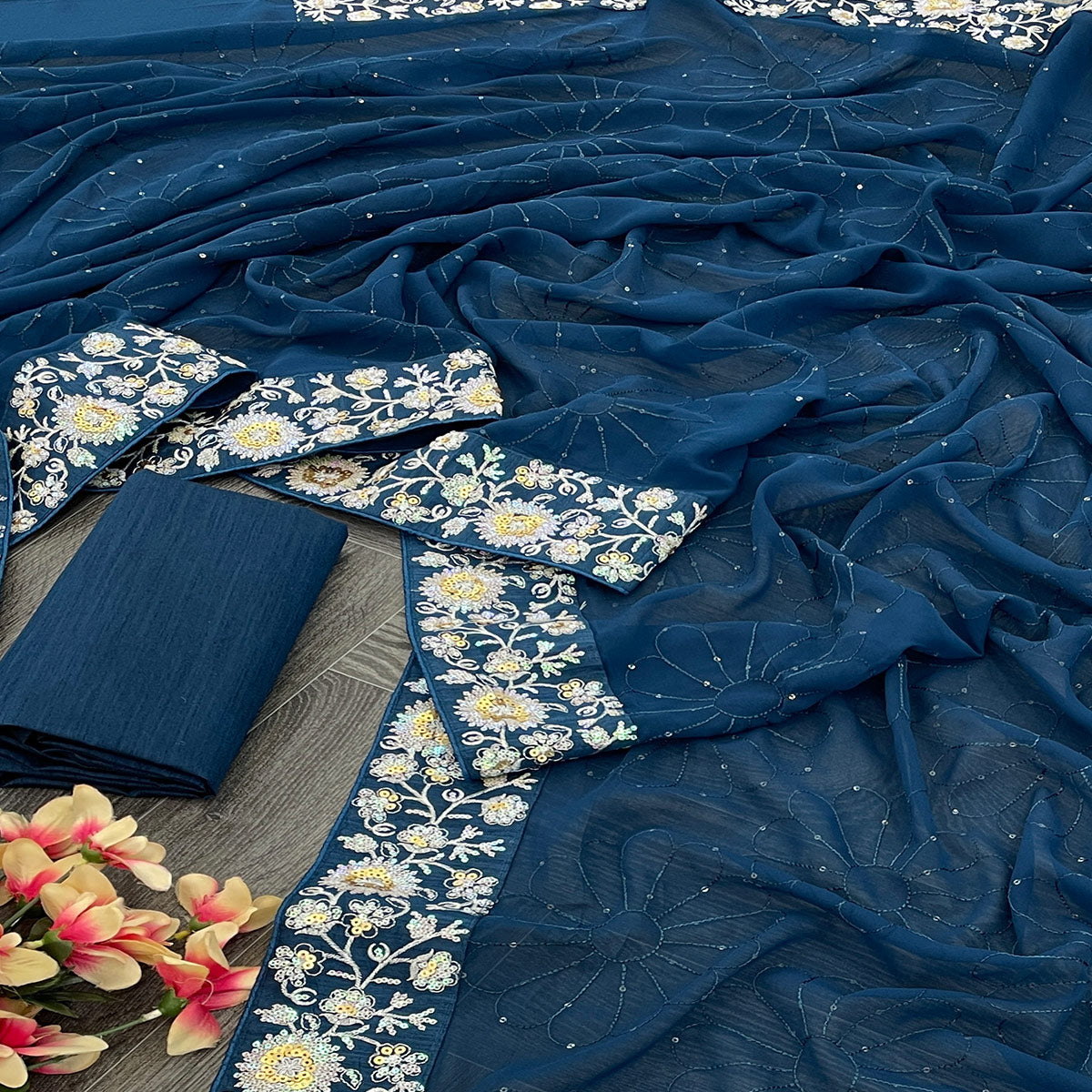 Blue Designer Saree In Georgette With Delicate Floral Sequins Embroidery Work