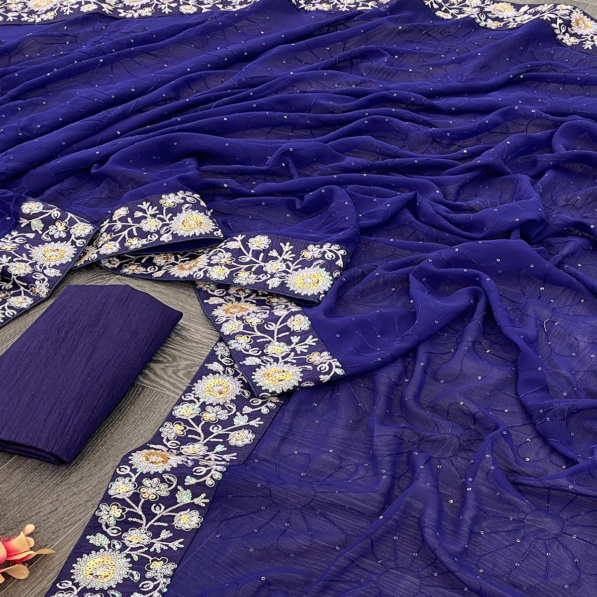 Royal Blue Designer Saree In Georgette With Delicate Floral Sequins Embroidery Work