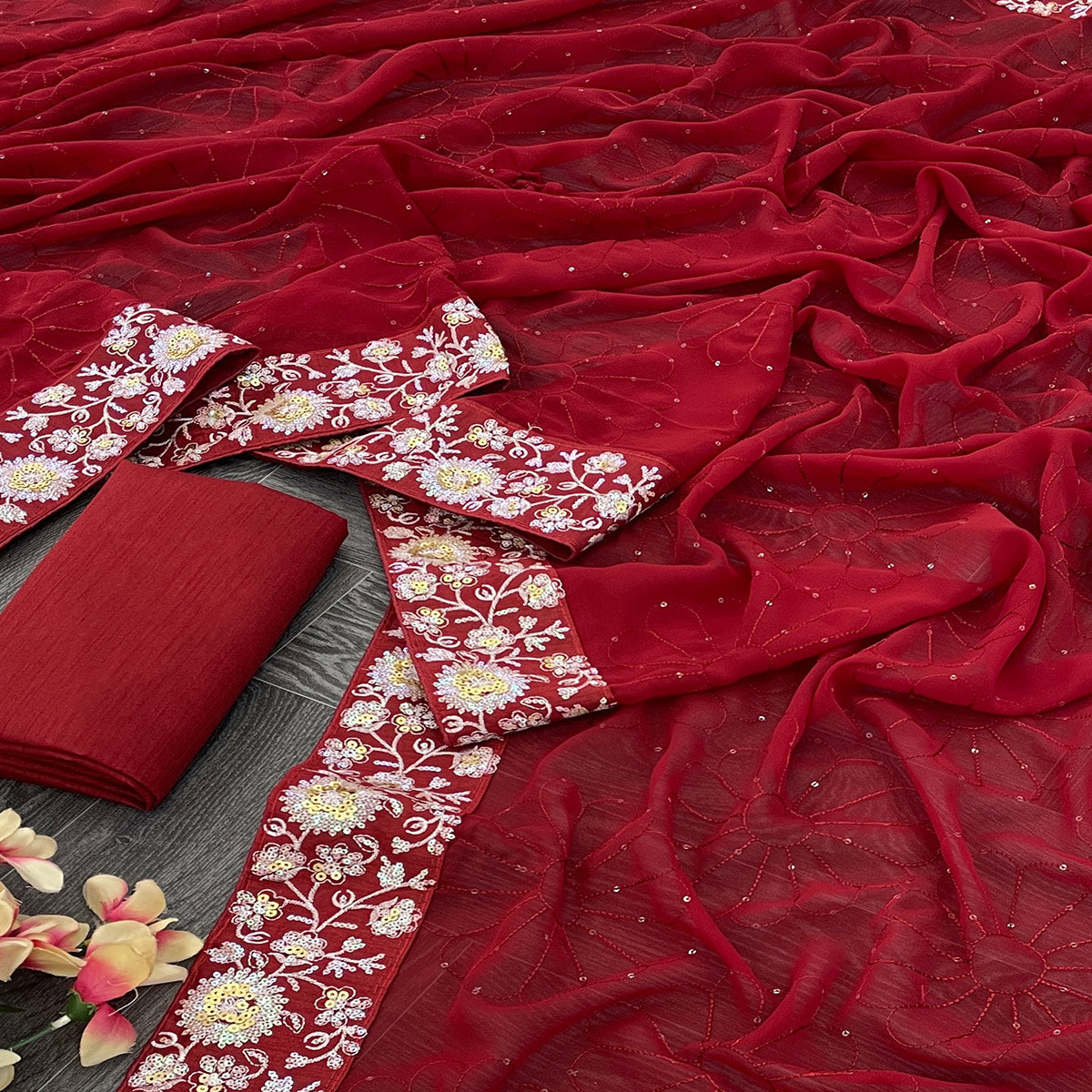 Red Designer Saree In Georgette With Delicate Floral Sequins Embroidery Work