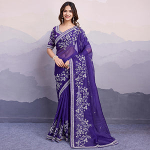 Violet Blue Floral Sequins Embroidered Organza Saree With Lace Border