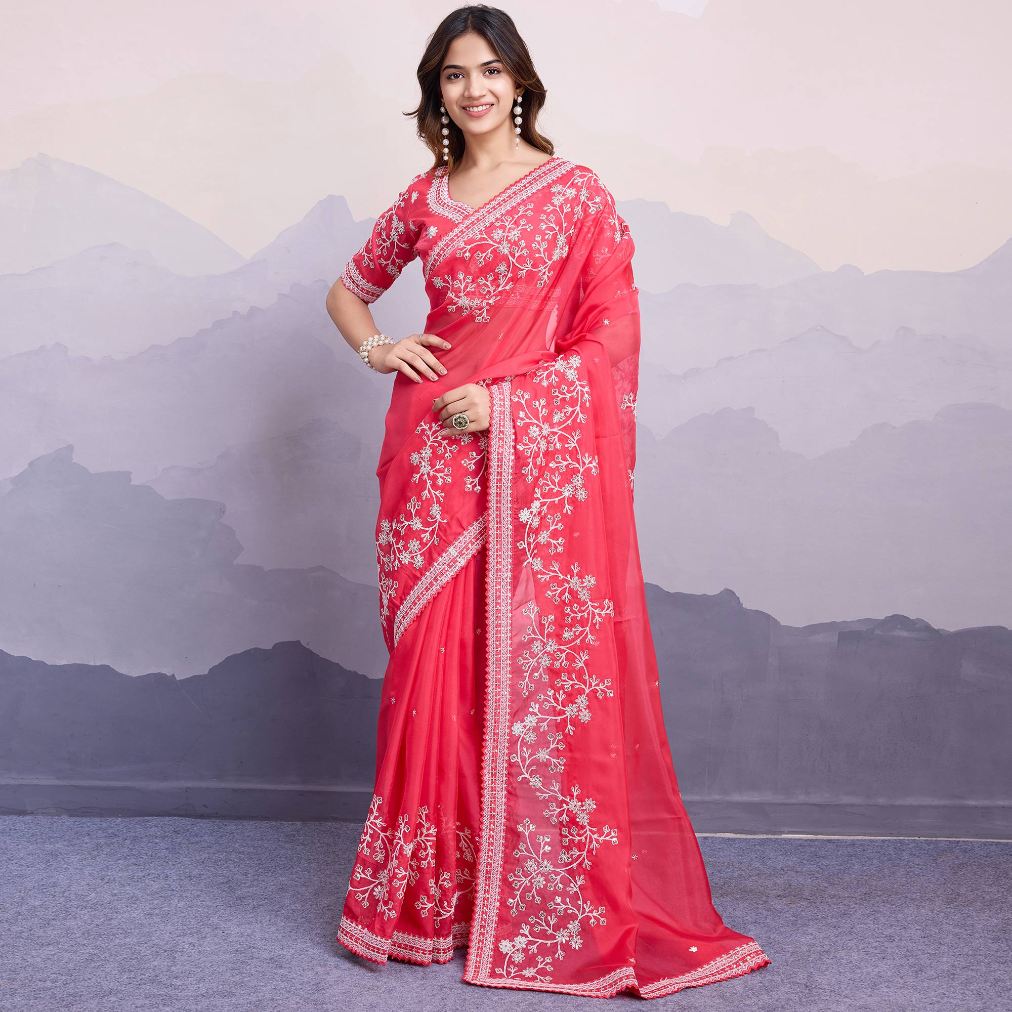 Gajari Pink Floral Sequins Embroidered Organza Saree With Lace Border