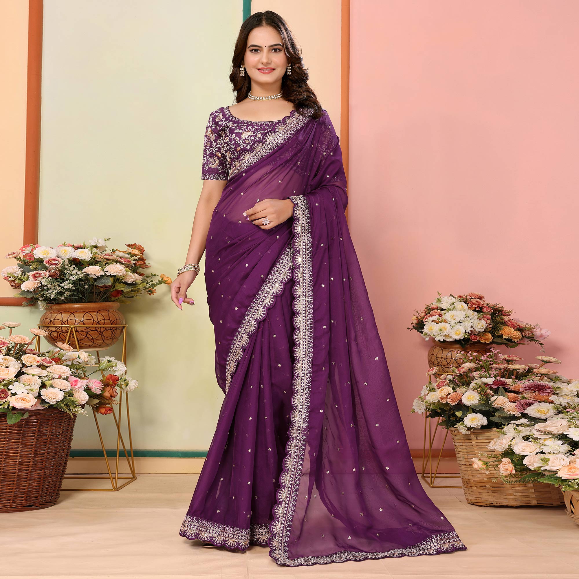 Purple Sequins Embroidered Embroidered Organza Saree