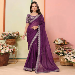 Purple Sequins Embroidered Embroidered Organza Saree