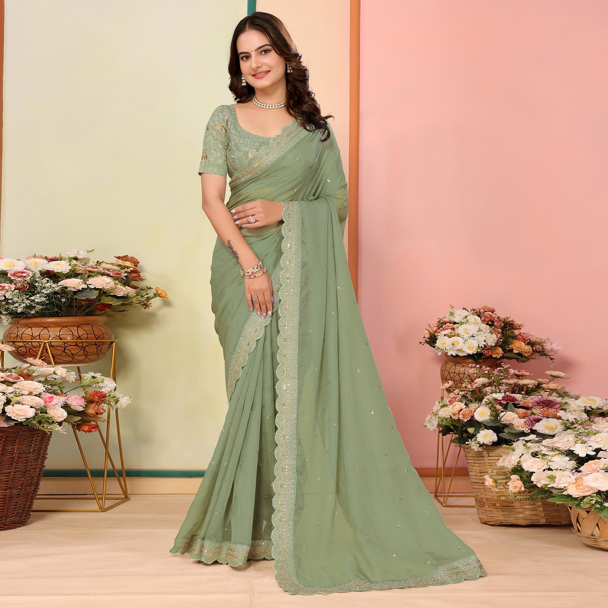 Green Sequins Embroidered Embroidered Organza Saree