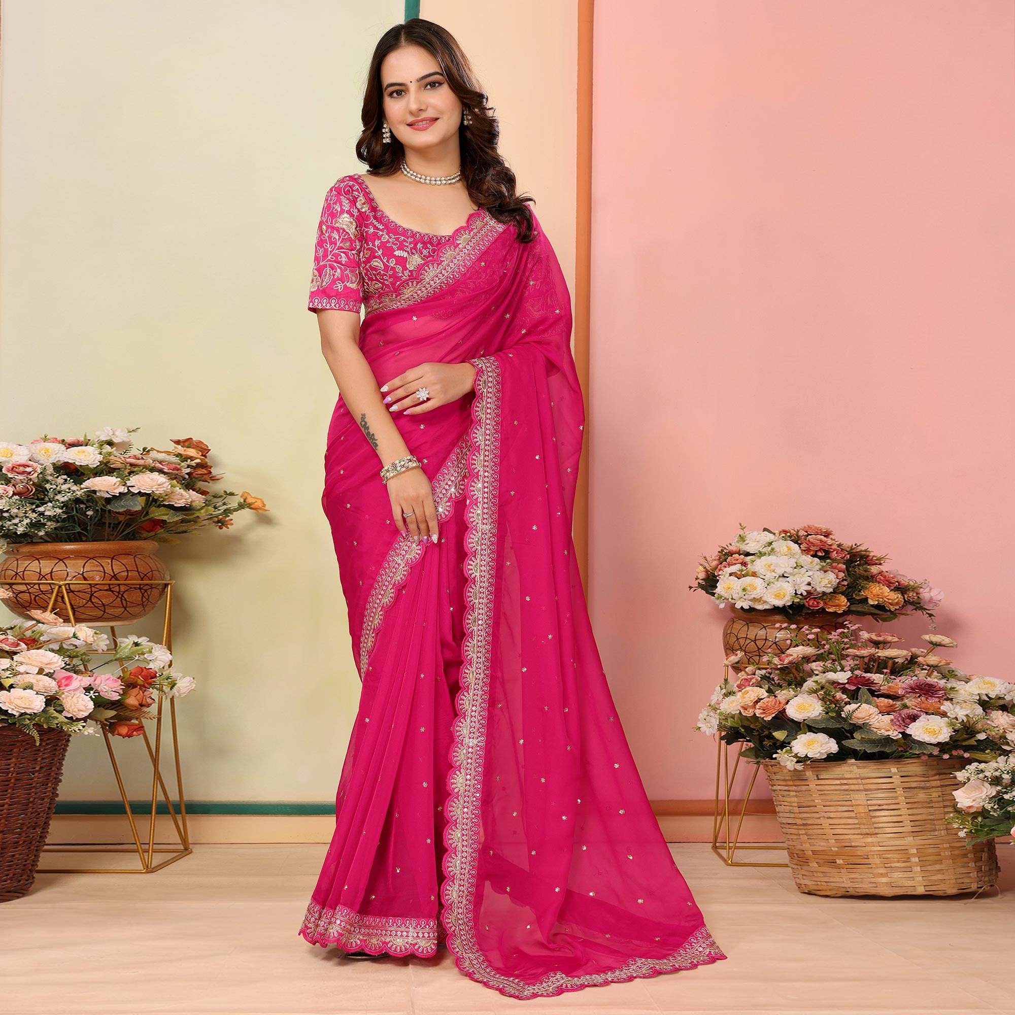 Rani Pink Sequins Embroidered Embroidered Organza Saree