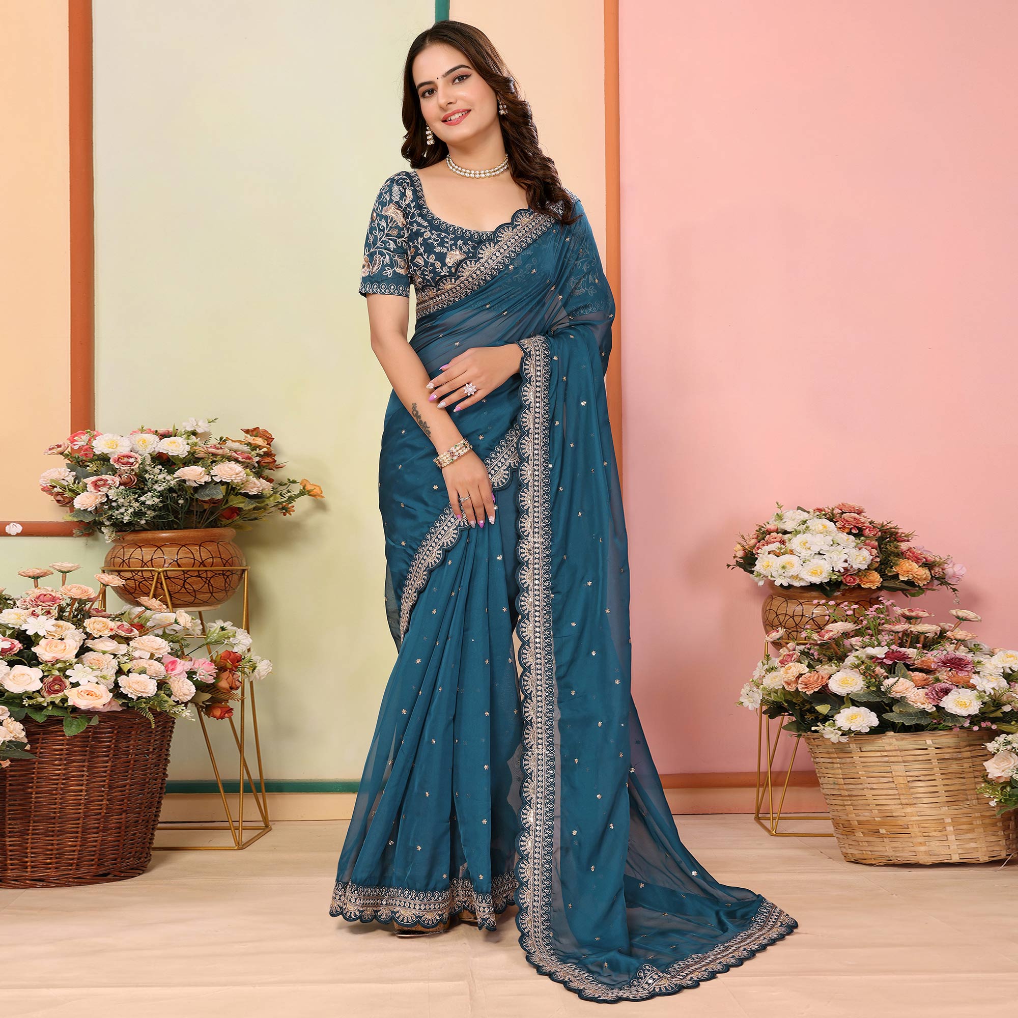 Blue Sequins Embroidered Embroidered Organza Saree