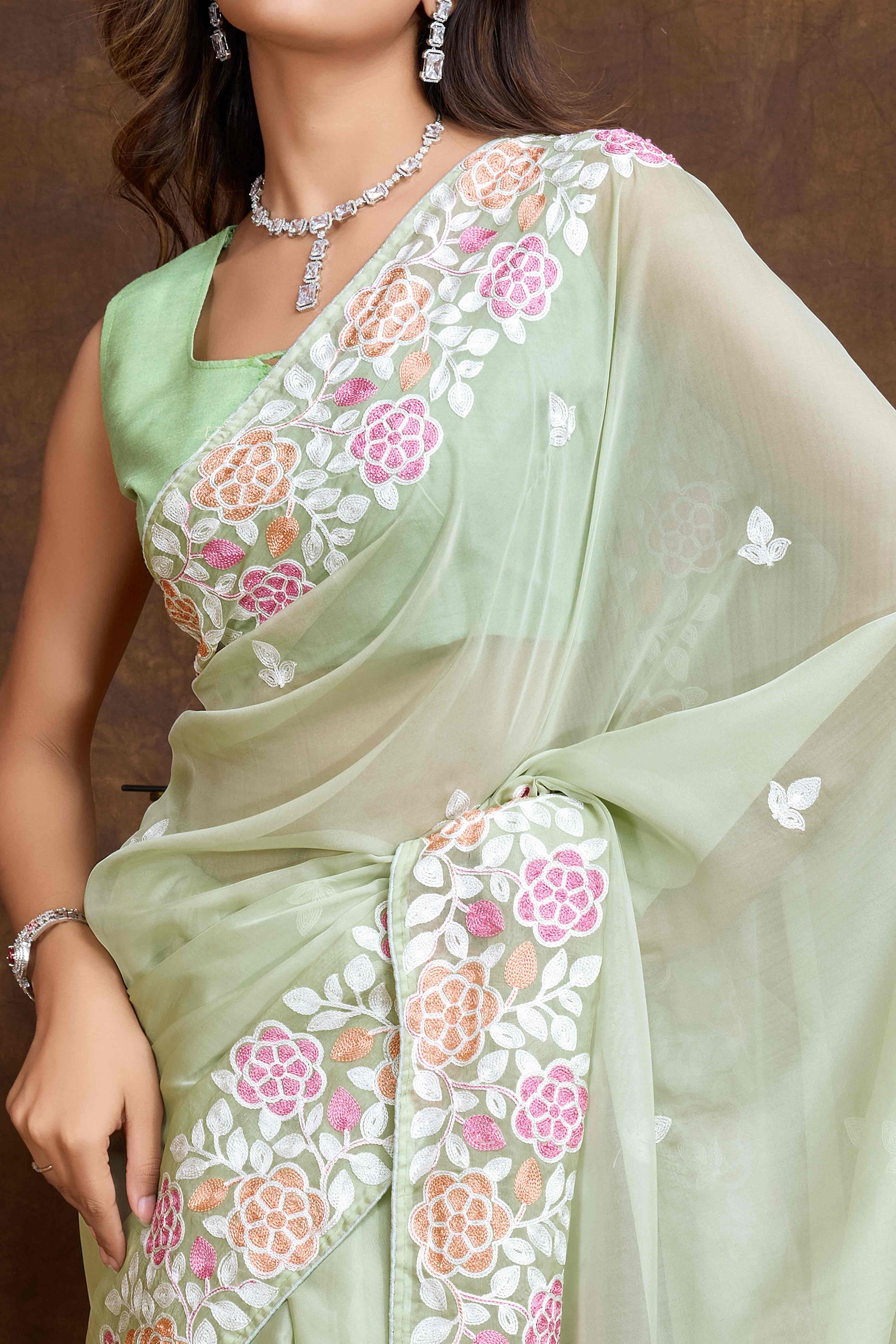 Green Floral Sequins Embroidered Organza Silk Saree