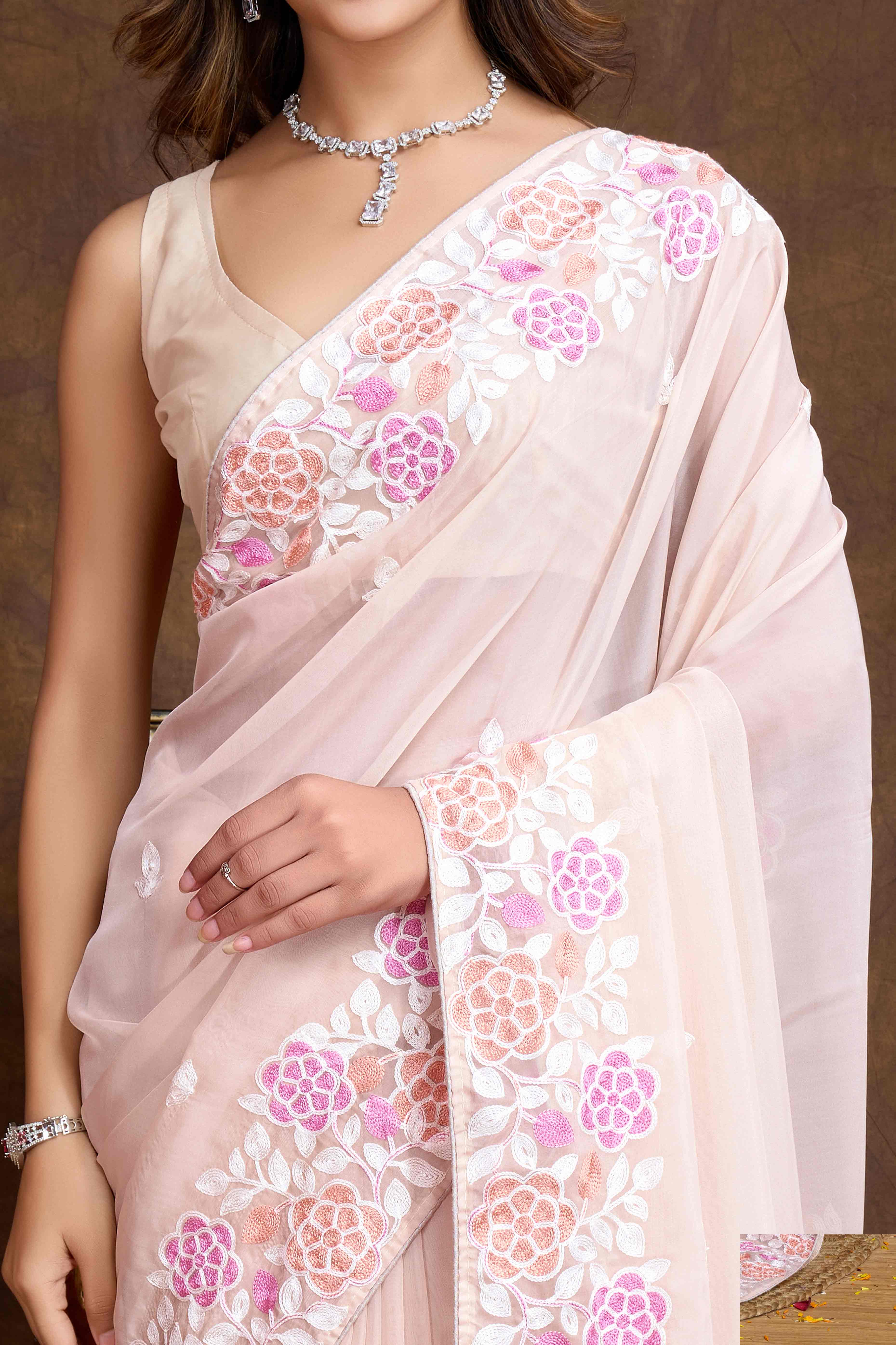 Light Peach Floral Sequins Embroidered Organza Silk Saree