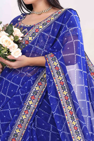 Blue Bandhani Printed Georgette Saree Framed With Elegant Embroidered Border