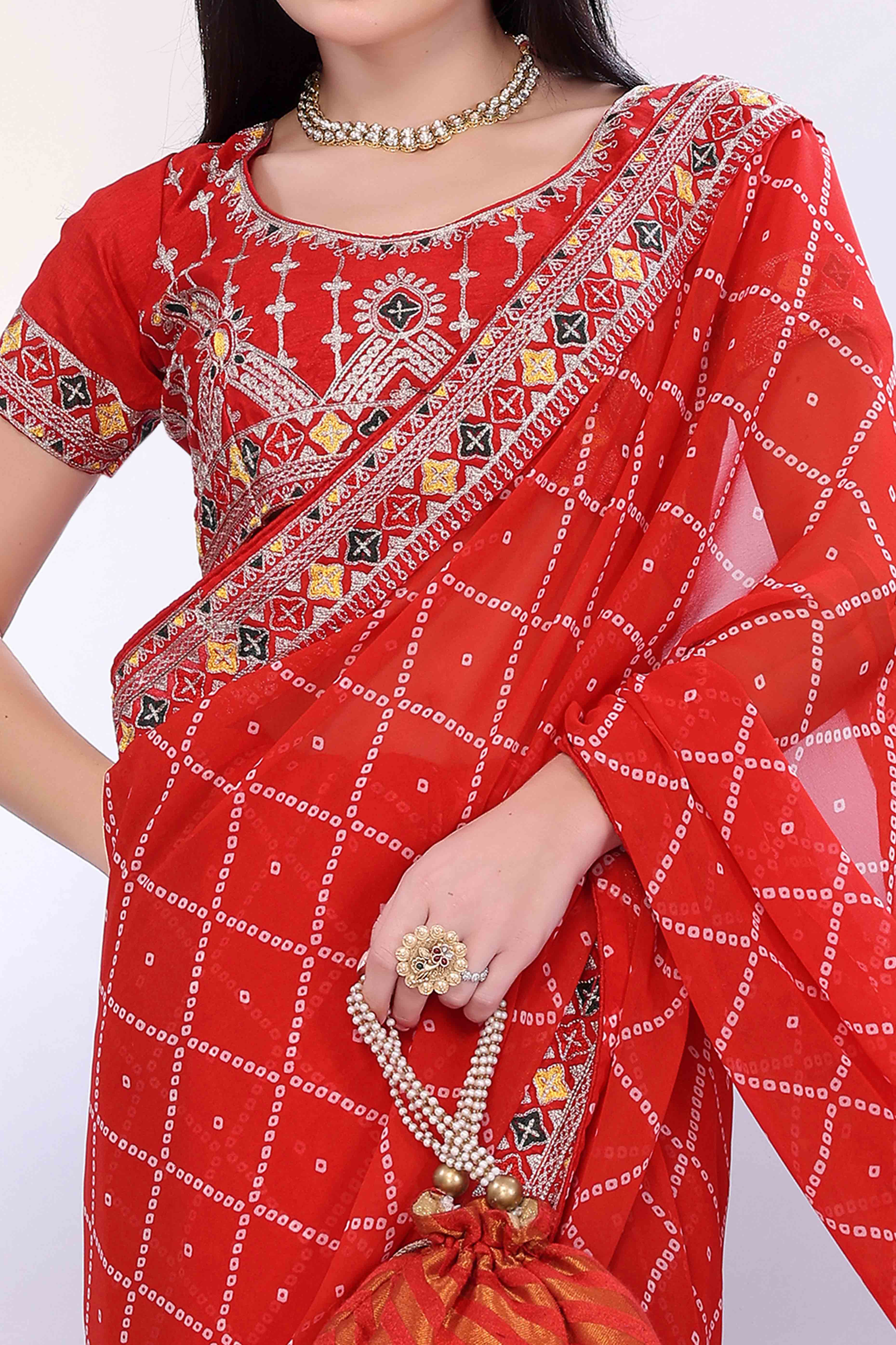 Red Bandhani Printed Georgette Saree Framed With Elegant Embroidered Border