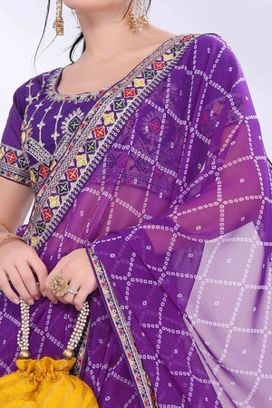 Purple Bandhani Printed Georgette Saree Framed With Elegant Embroidered Border