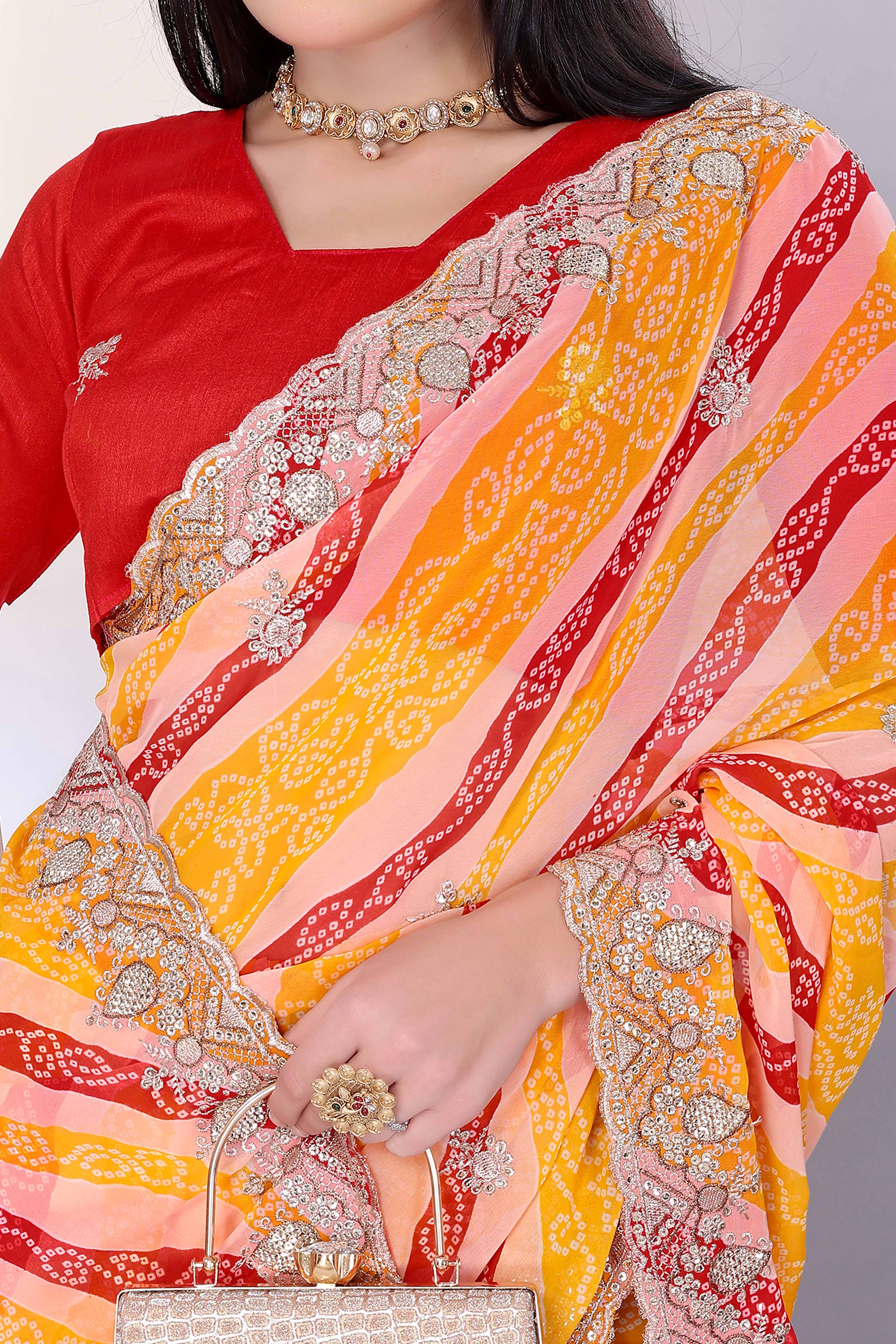 Yellow Georgette Saree Showcasing Bandhani Print & Delicate Floral Sequins Embroidery